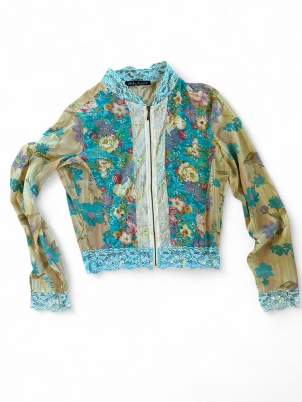 Mechant Vintage Y2K Sheer Floral Lace Mesh Zip Up Jacket Top Sz s
